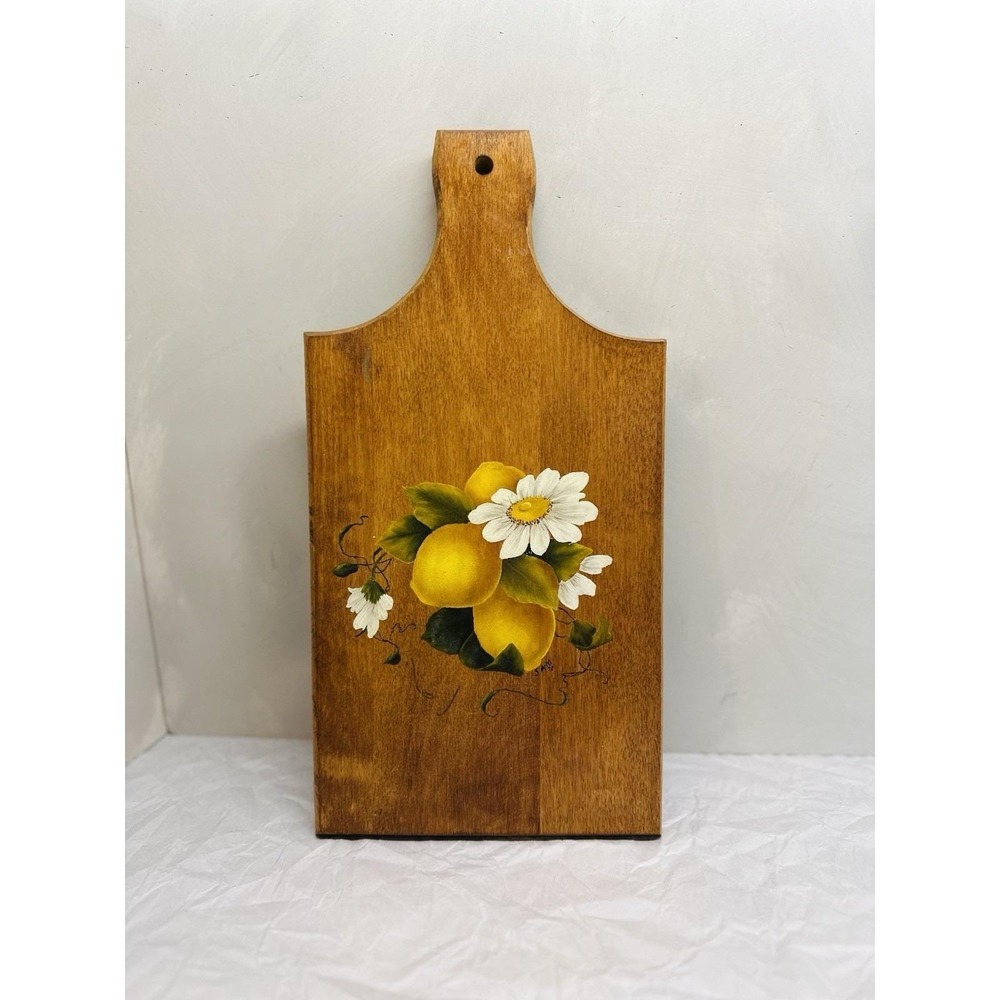 VTG Hand Painted Floral Lemons Wooden Cutting Board Home Decor Cottagecore